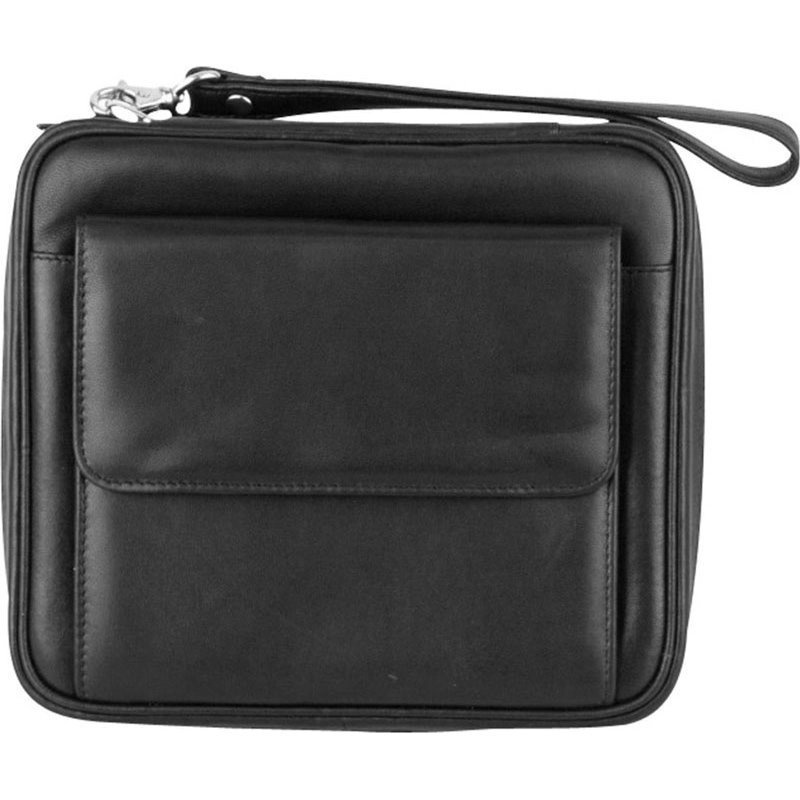 Pochette pour pipe en cuir d'agneau nappa noir - poche frontale + compartiment 6 pièces